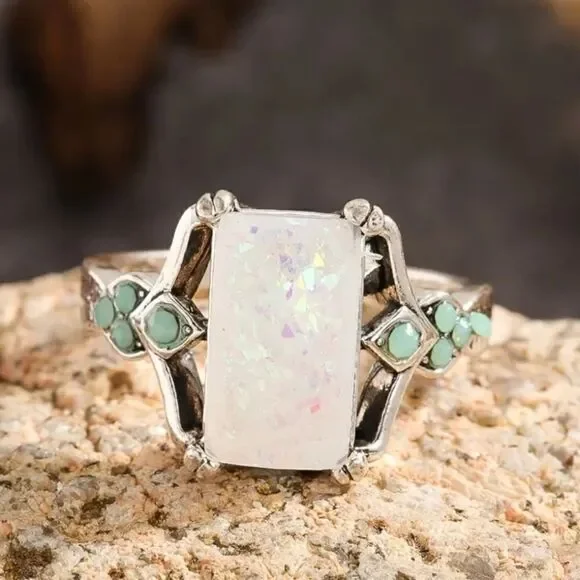 Rectangle White Lab Opal Antique Silvery Rings - Picture 5 of 12
